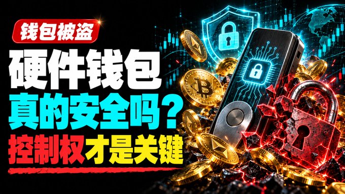 A hardware wallet sits amid gold Bitcoin and Ethereum coins with a cracked red padlock, accompanied by Chinese text reading "钱包被盗" (wallet stolen), "硬件钱包真的安全吗？" (Are hardware wallets really safe?), and "控制权才是关键" (Control is key)—visually reinforcing the tutorial's warning that even hardware wallets can be hacked, as seen in the recent $90 million wallet theft, making multi-signature protection essential.