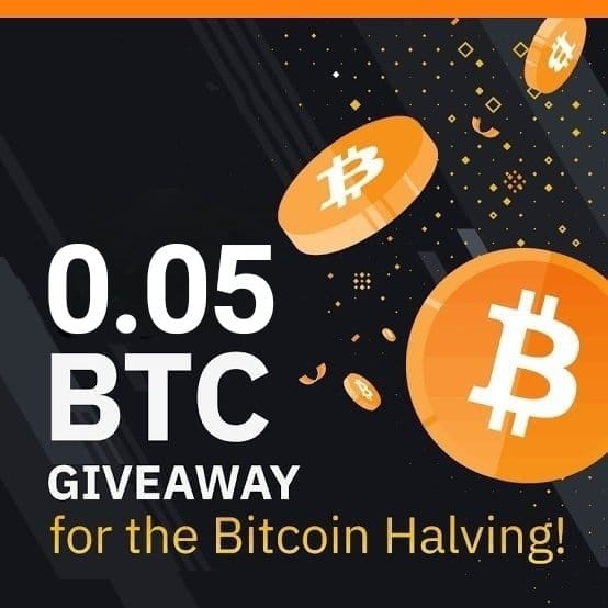A promotional graphic announcing a "0.05 BTC GIVEAWAY for the Bitcoin Halving," featuring floating Bitcoin coin illustrations on a dark background. The visual ties directly to a giveaway contest requiring users to like, repost, comment "Bitcoin," and follow the account within 24 hours to enter.