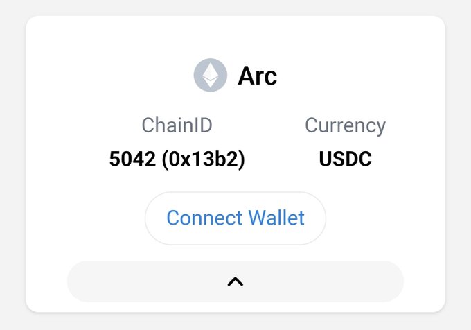 A digital interface card displaying 'Arc' with ChainID '5042 (0x13b2)' and Currency 'USDC', featuring a 'Connect Wallet' button.
