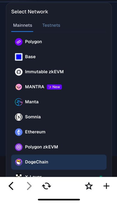 Mobile app screen displaying a 'Select Network' menu with mainnet options including Polygon, Base, Immutable zkEVM, MANTRA, Manta, Somnia, Ethereum, Polygon zkEVM, and DogeChain.