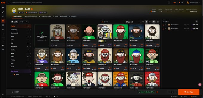 The image shows the KNØT HEADS NFT collection marketplace on ord.net, featuring pixel-art character avatars with various traits priced between 0.01 and 0.36 BTC, displayed with sorting filters and a "Buy Floor" option to mark the newly launched collection as open for business.
