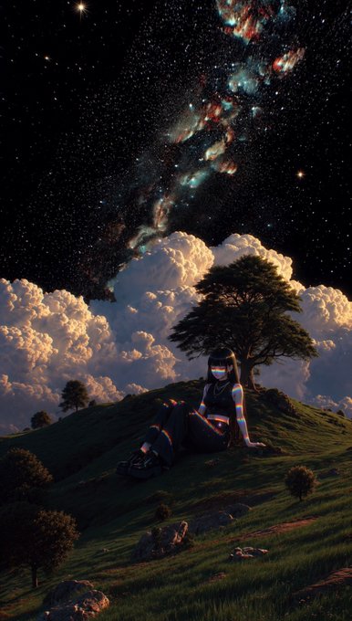An anime-style character sitting on a grassy hill at night, looking up at a vibrant, starry galaxy sky with glowing clouds.