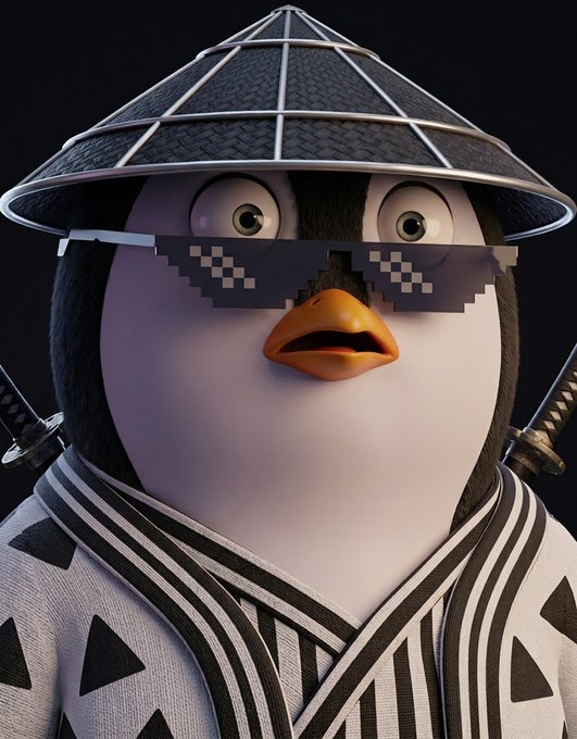A 3D-rendered penguin character wearing a black samurai hat, a white kimono with black patterns, and pixelated sunglasses, with swords visible on its back.