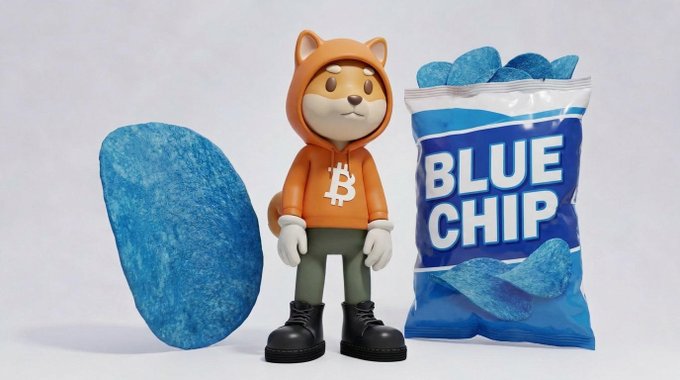 A 3D-rendered figure of a Shiba Inu character wearing an orange Bitcoin hoodie standing between a large blue chip and a bag of 'BLUE CHIP' tortilla chips.