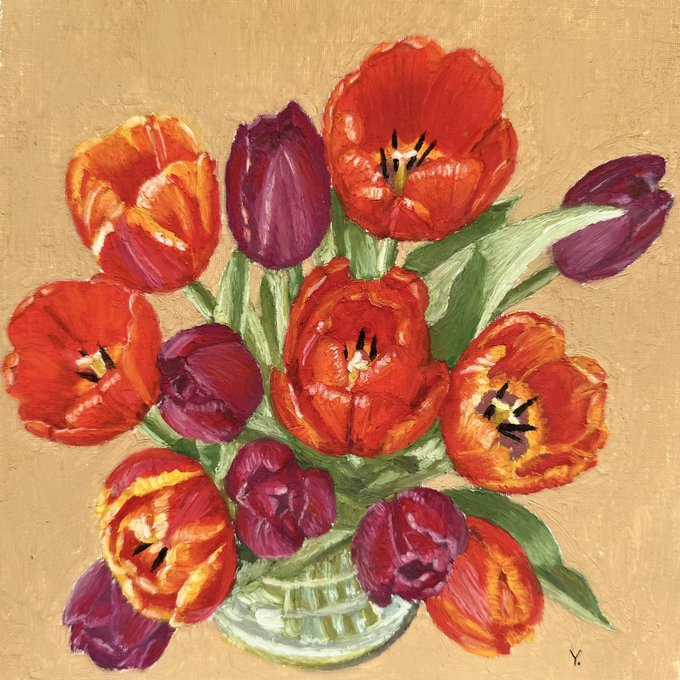 An oil painting of a vibrant bouquet of red, orange, and purple tulips in a vase against a golden background, signed 'Y.' in the corner.