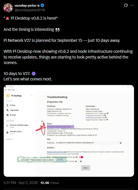 A screenshot of a tweet by @sundaypeter8110 announcing "Pi Desktop v0.6.2 is here!" alongside a troubleshooting screenshot of Pi Desktop showing operating system details and version information, highlighting the timing as Pi Network V27 is planned for September 15—just 10 days away. The tweet suggests active behind-the-scenes developments with node infrastructure updates coinciding with the upcoming V27 launch.