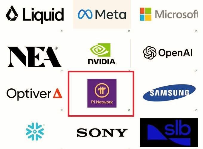 The image displays a grid of logos from major corporations including Liquid, Meta, Microsoft, NEA, NVIDIA, OpenAI, Optiver, Samsung, Sony, and SLB, with Pi Network's logo highlighted in a red box at the center. The visual contrasts Pi Network against trillion-dollar tech and financial giants, emphasizing the post's message about Pi's modest market capitalization falling short of the high expectations set by its association with industry leaders.