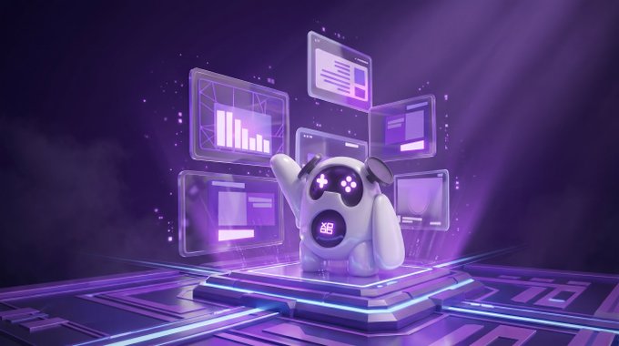 A futuristic purple-lit robot mascot sits on a glowing platform surrounded by floating screens displaying charts, text interfaces, and UI elements, visually representing XOOB's evolution into an AI-driven, data-powered platform as described in the post about their next development stage.