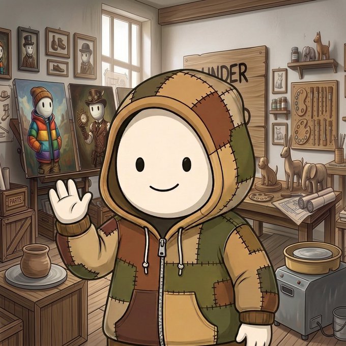 A cartoon character in a patchwork hoodie waves from a cozy art studio filled with crafted figures, paintings, and tools, with visible signs reading "PARTS" and "WONDER." The studio setting visually reinforces the post's emphasis on a handmade, utility-driven Genesis Pass collection by @UnderTheHood000, whose 999-pass mint stands for craft over mass production.