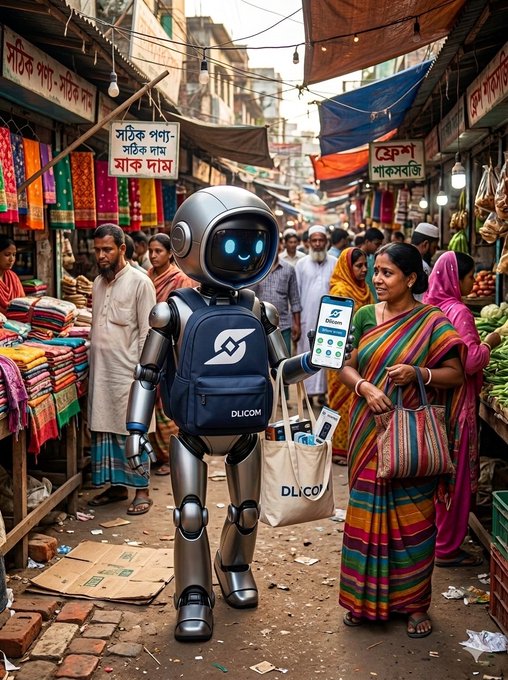 A robot displaying the DLICOM logo navigates a crowded traditional market, engaging locals with Web3 technology. It's holds the Dlicom app in its hand, with people around it observing the novel interaction.