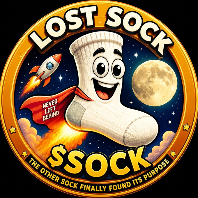 A circular badge-style logo titled 'LOST SOCK $SOCK' featuring an animated smiling sock with a rocket and red cape flying through space near the moon, with the tagline 'The other sock finally found its purpose.'