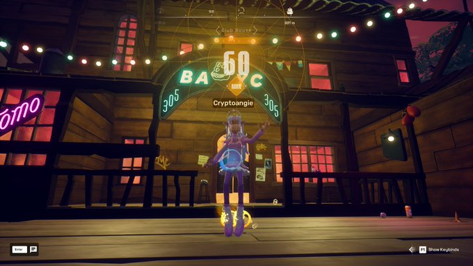 The image features a woman standing in front of a wooden building, holding a sword and wearing boots. She appears to be dressed for an adventure or perhaps a video game session. The background includes a neon sign that reads "Babette's Bizarre Adventure", indicating that this is likely a part of a video game or interactive experience. The post also mentions the level 60 achievement, suggesting that the woman has successfully completed a challenging task in the game.
