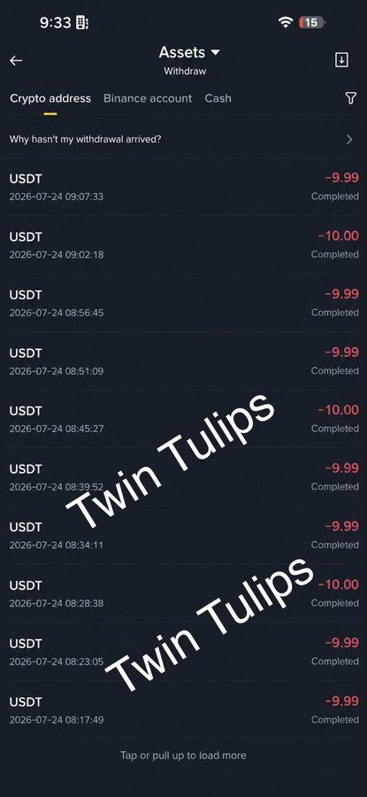 The image shows a Binance withdrawal history displaying multiple USDT transfers of $9.99 and $10.00 completed on 2026-07-24, watermarked with "Twin Tulips," serving as proof of the $10 payouts claimed in the promotional post offering $20 to 20 people.