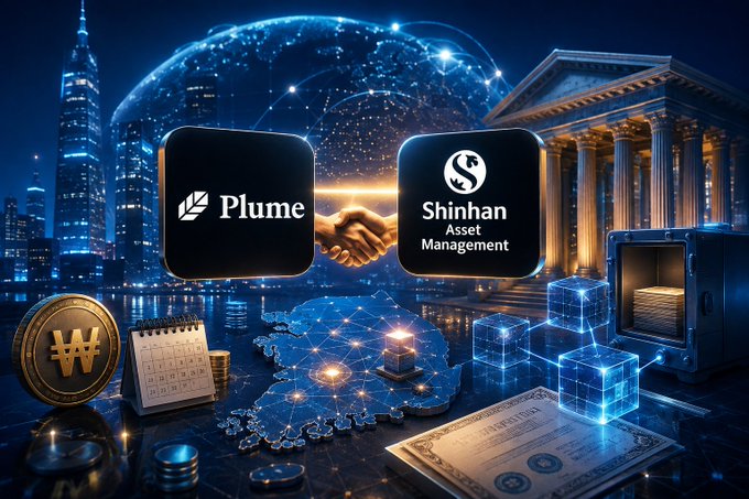 A graphic shows a partnership between Plume and Shinhan Asset Management, featuring their logos with a handshake, set against a backdrop of Korean landmarks, cryptocurrency symbols, and a map of Korea.