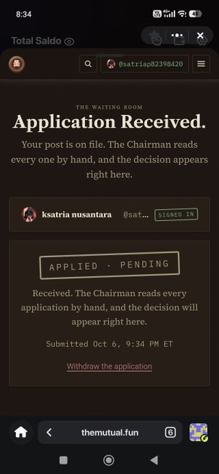 A mobile screenshot of a webpage from themutual.fun showing 'Application Received' status for user 'ksatria nusantara' (@satria), with the application marked as 'APPLIED • PENDING'.