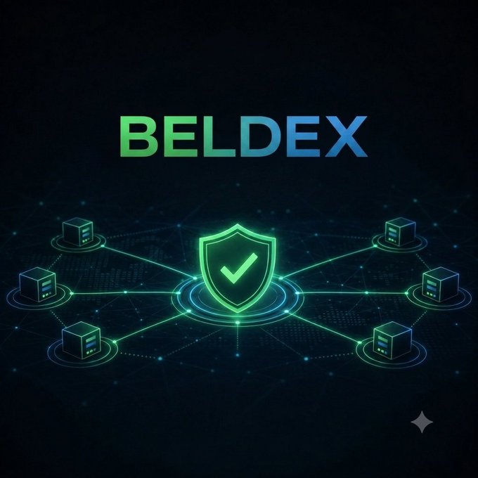 Promotional graphic for BELDEX featuring a glowing green shield with a checkmark connected to server nodes on a dark network background.