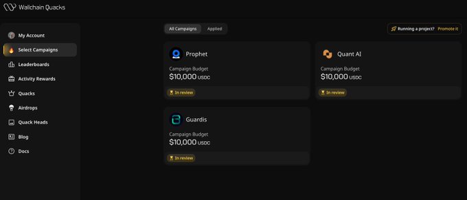 The image displays a screen from a website called "wallchain". The main feature of this website is an advertising dashboard that shows information for various campaigns being run by different users or creators. The screen has three distinct sections, each representing a campaign with its own profile showing details like budget and audience size. These campaigns include "Quotecai", "Campaign Budgets & Uc", and another named "Crowdfunding". The main post focuses on discussing how the creator's campaign is evolving in comparison to others that still follow an outdated model of paying large accounts and chasing impressions for conversions, rather than focusing on quality or audience size.