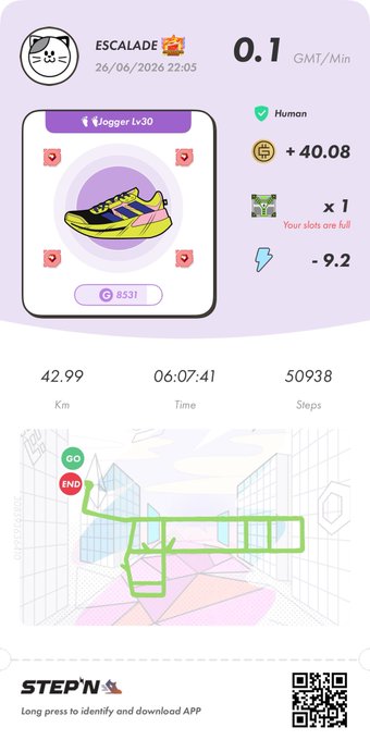 A STEPN app screenshot showing an "ESCALADE" sneaker run by a level 30 "Jogger" on 26/06/2026 at 22:05, earning 0.1 GMT/Min (+40.08 total), with stats of 42.99 km in 06:07:41 over 50,938 steps, matching the post's recap of completing a 42 km move and heading to watch the movie "The Long Walk."