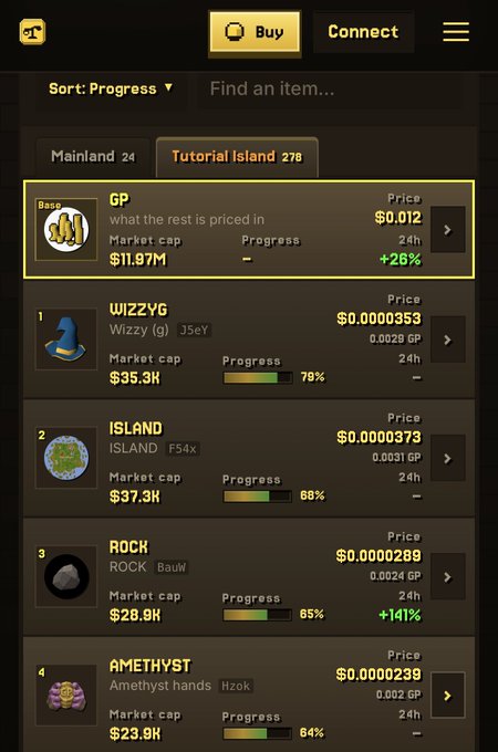 A screenshot of a cryptocurrency marketplace showing items for sale on 'Tutorial Island 278', including GP ($0.012), WIZZY ($0.000353), ISLAND ($0.000373), ROCK ($0.000289), and AMETHYST ($0.000239) with their market caps and progress bars.