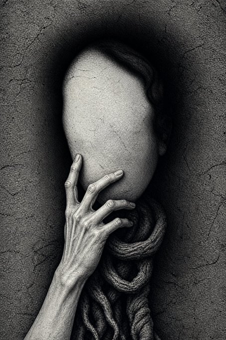 A monochromatic artwork showing a faceless, textured figure holding its featureless head with a veined, elongated hand, wrapped in thick ropes.