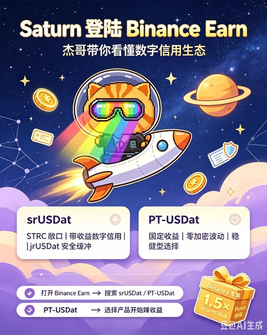 A colorful promotional graphic titled 'Saturn 登陆 Binance Earn' featuring a pixel-art cat in a rocket ship, advertising srUSDat and PT-USDat crypto yield products with a '1.5x Points加成' reward badge.