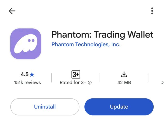 A Google Play Store listing for the app 'Phantom: Trading Wallet' by Phantom Technologies, Inc., rated 4.5 stars from 151k reviews, with 'Update' and 'Uninstall' buttons visible.
