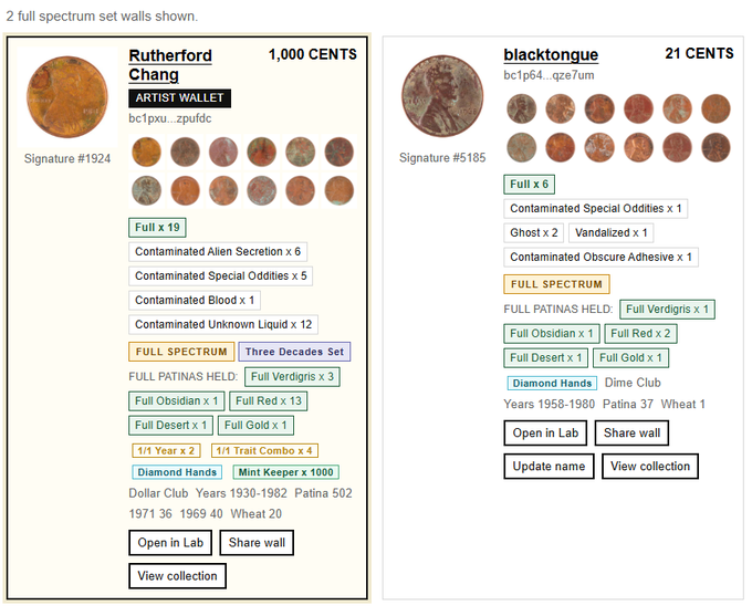Two side-by-side "full spectrum set" wall displays from the Bitcoin Ordinals marketplace: "Rutherford Chang" (1,000 cents) with Full x 19 and Full Verdigirs x 3, alongside "blackxtongue" (21 cents) with Full x 6. The image illustrates the post's claim by showcasing two rare collectors who have assembled complete spectrum sets of cent ordinals, highlighting the difficulty of achieving full collections as rarities get vaulted.