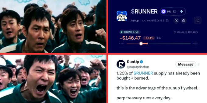 A collage of memes about the token $RUNNER, pairing excited Squid Game cast images with trading data showing a 3.14% drop and a tweet from RunUp about burning 1.20% of the supply.
