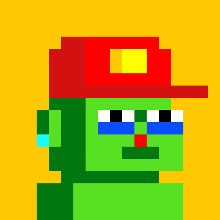 Pixel art image of a green-skinned character wearing a red cap with a yellow logo, blue visor/crystals over the eyes, and a red mouth, set against a yellow background.