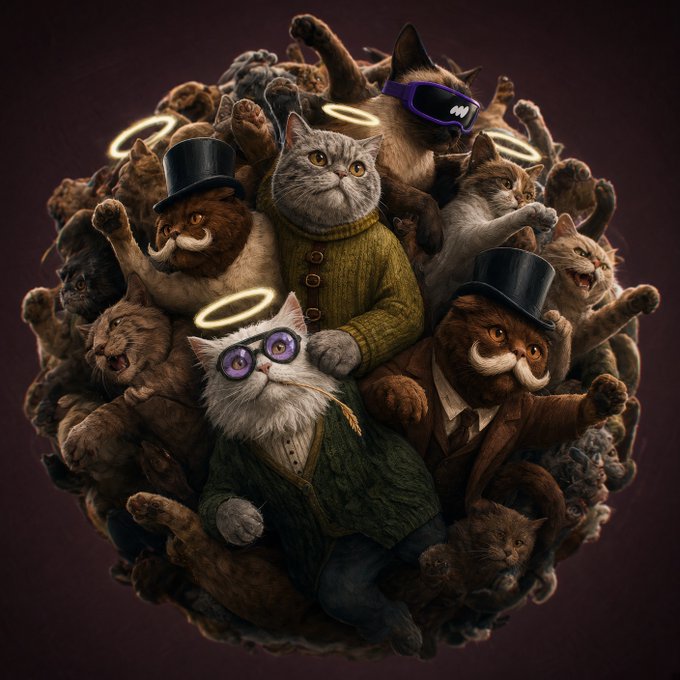 A surreal 3D illustration featuring a spherical cluster of cats dressed in vintage Victorian-style clothing, with some wearing top hats, sunglasses, and halos.