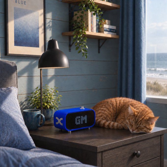 A blue digital clock on a bedside nightstand displays "GM" next to a napping orange tabby cat, with a framed "BLUE" artwork and ocean view in the background—capturing the quiet, pre-dawn grind of building in solitude before the world wakes up to the "gm."