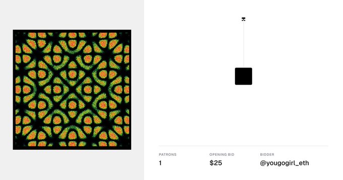 An NFT auction page showing a green and orange patterned artwork on the left, with a 'PATRONS' count of 1, 'OPENING BID' of $25, and 'BIDDER' as '@yougogirl_eth'.