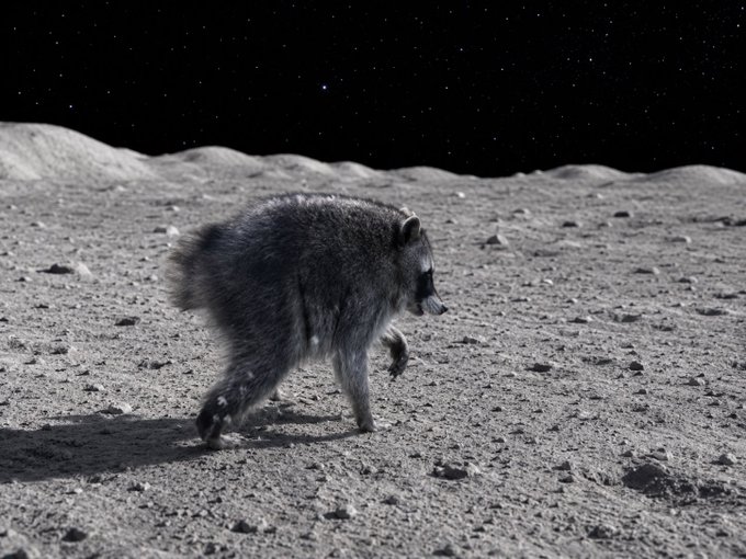 A digitally created scene showing a raccoon walking across a gray, rocky lunar-like surface with a starry black sky in the background.