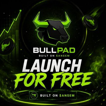 A promotional graphic with a green bull logo reading 'BULLPAD - BUILT ON $ANSEM - LAUNCH FOR FREE' against a dark green background with floating coin icons.