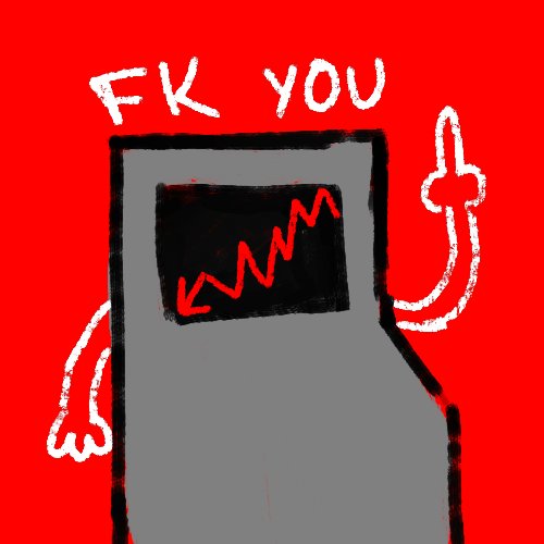 A crude digital drawing of an arcade cabinet with arms and a middle finger, displaying 'FK YOU' above it and a downward red arrow on the screen, set against a red background.
