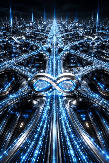 A futuristic digital artwork featuring a glowing blue cyberpunk cityscape with infinity symbols along illuminated highways and skyscrapers in the background.