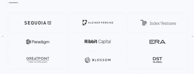 The image displays a grid of nine investor logos for Harmonic, featuring prominent venture capital firms including Sequoia, Kleiner Perkins, Index Ventures, Paradigm, Ribbit Capital, ERA, Greatpoint, Blossom, and DST Global. This investor lineup directly supports the post's claim that Paradigm is among Harmonic's backers, alongside founder Vlad Tenev (known for Robinhood), highlighting the credibility behind the platform's $1,000,000 grant program for its Aristotele demo.