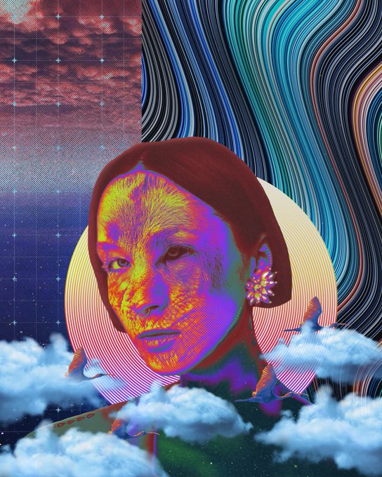 A vibrant psychedelic digital collage featuring a stylized portrait of a person with multicolored skin tones, set against swirling blue patterns, clouds, and pixelated backgrounds.