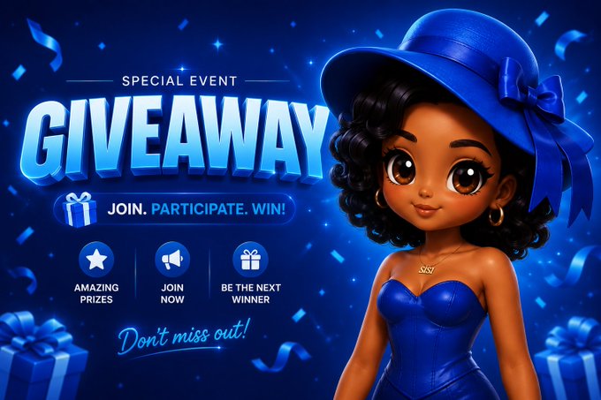 A promotional graphic features a 3D-animated girl in a blue dress and hat next to bold text reading 'SPECIAL EVENT GIVEAWAY', 'JOIN. PARTICIPATE. WIN!', and 'Don't miss out!', with icons for 'AMAZING PRIZES', 'JOIN NOW', and 'BE THE NEXT WINNER'.