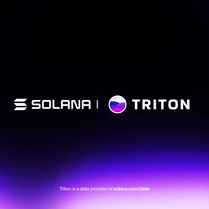 A dark promotional graphic featuring the white "SOLANA" logo next to a glowing purple circular icon labeled "TRITON," with text at the bottom stating "Triton is a data provider of solana.com/data," indicating Triton's role in supplying the RPC provider latency and reliability dashboard on the Solana website.