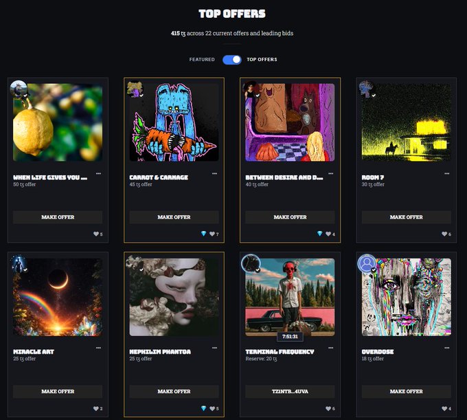 A screenshot from a digital art marketplace titled 'TOP OFFERS' displaying 415 offers across 22 current offers and leading bids, featuring various digital artworks like 'CARROT & CARNAGE' and 'BETWEEN DESIRE AND D...' with 'MAKE OFFER' buttons.