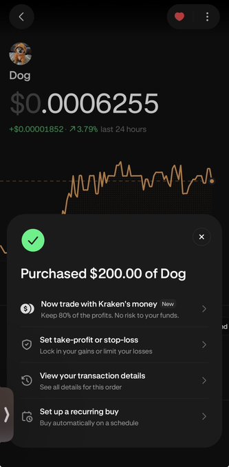 A cryptocurrency trading app screenshot showing a purchase of $200.00 of 'Dog' token at $0.0006255, with a 3.79% gain over 24 hours and a price chart visible.