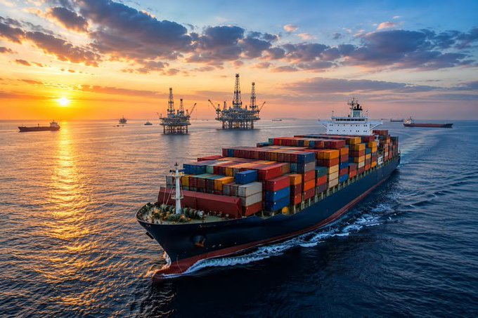A large container ship loaded with multicolored shipping containers sails on the open ocean at sunset, with offshore oil platforms visible in the background.