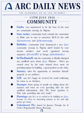 A webpage titled 'ARC DAILY NEWS' dated 15th July 2026 with a 'COMMUNITY' section containing blurred placeholder text and bullet points.