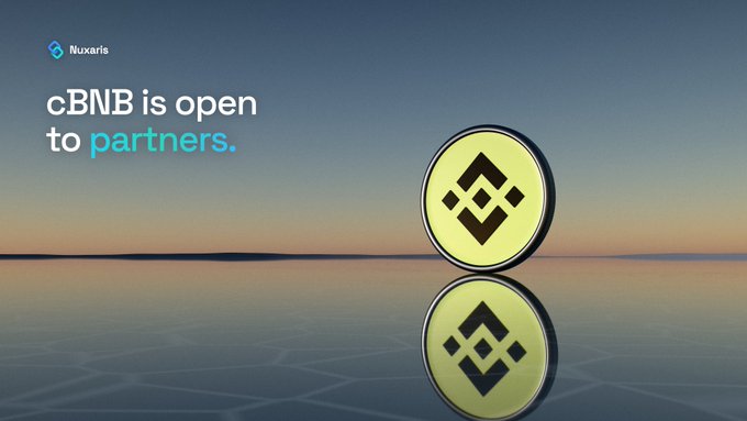 An advertisement for Nuxaris featuring a golden Binance (BNB) coin reflected in water at sunset, with text reading 'cBNB is open to partners.'