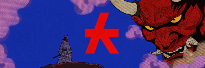 A graphic illustration featuring a samurai facing a giant red demon head against a blue sky, with a large red Japanese character '大' (meaning big or great) displayed in the center.