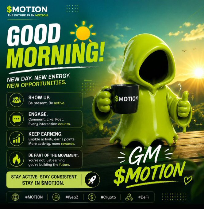 A 'GOOD MORNING!' promotional graphic for '$MOTION - THE FUTURE IS IN MOTION' featuring a green hooded figure holding a coffee mug, with bullet points reading 'SHOW UP. Be present. Be active.', 'ENGAGE. Comment. Like. Post.', 'KEEP EARNING.', and 'BE PART OF THE MOVEMENT.', alongside hashtags #MOTION, #Web3, #Crypto, and #DeFi.