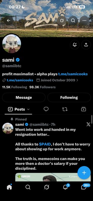 A Twitter profile for 'sami' (@samiibtc) with 98.3K followers promotes 't.me/samicooks' and discusses quitting work for cryptocurrency.