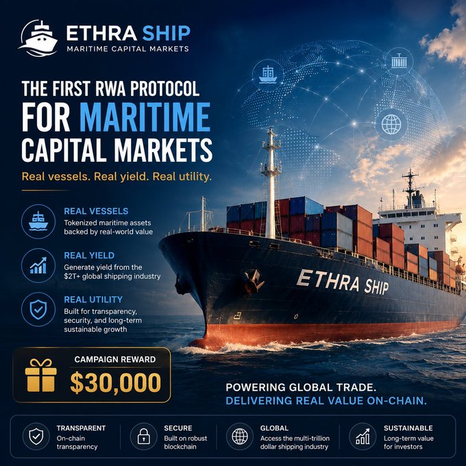 An advertisement for 'ETHRA SHIP - MARITIME CAPITAL MARKETS', promoting itself as the first RWA protocol for maritime capital markets with a $30,000 campaign reward.
