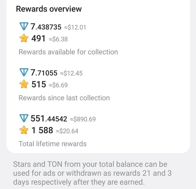 The image shows a screenshot of an app's reward table, displaying various rewards with their respective amounts for a total balance of $100,000.0. The app also features stars and TON from your total balance as well as stars used for ads or drawings if you're unused to the app.